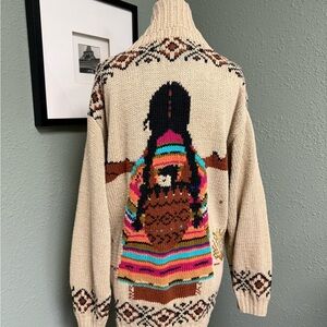 Cozy Beige Shawl Collar Sweater with Animal & Girl Motif